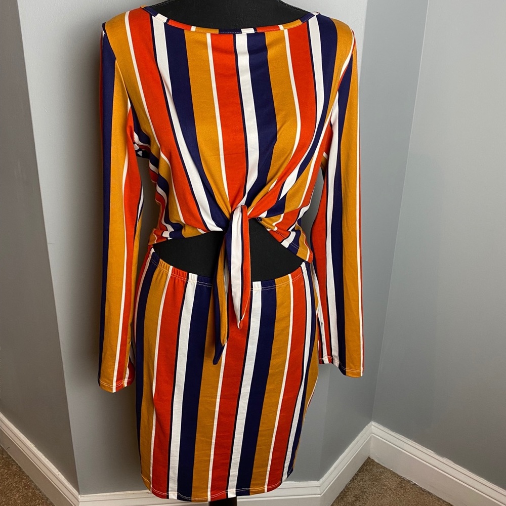 Long Sleeve Striped Tie-Front Dress